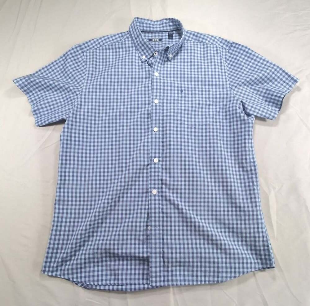 IZOD Men's Blue Gingham Plaid Short Sleeve Button Down Shirt Size XL